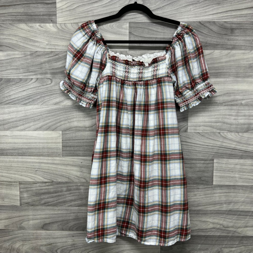 American Eagle Babydoll Dress Womens Small Multicolor Plaid‎ Smocked Puff Sleeve